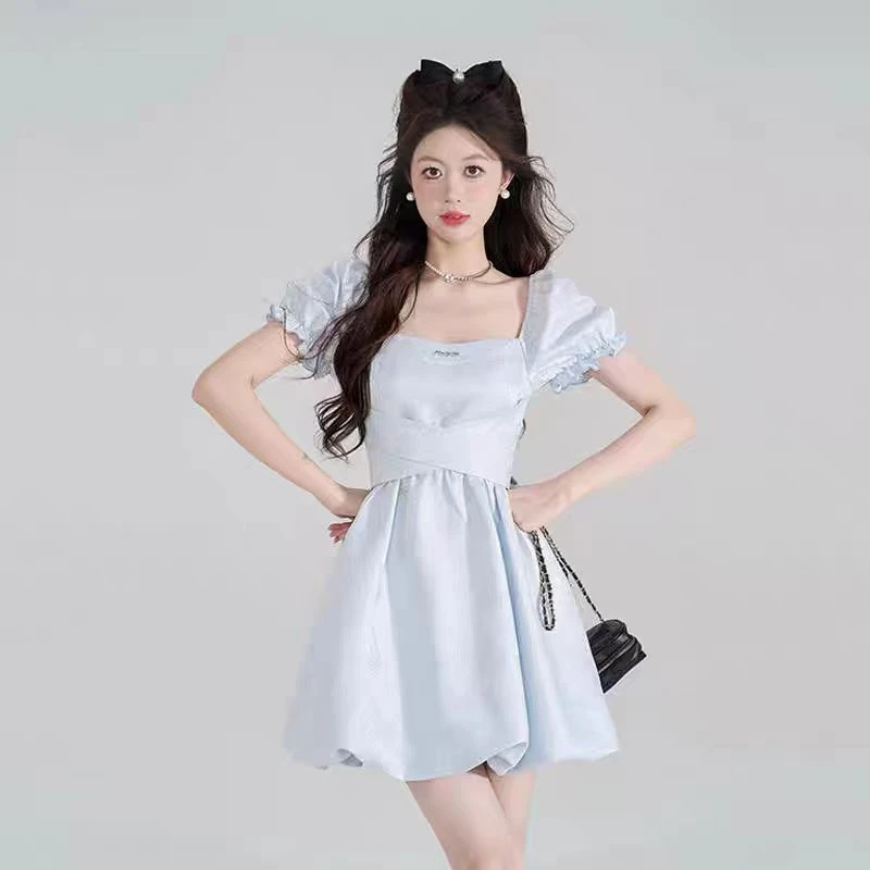 提花蓝色法式方领连衣裙女夏季新款小香风泡泡袖甜美公主L9380