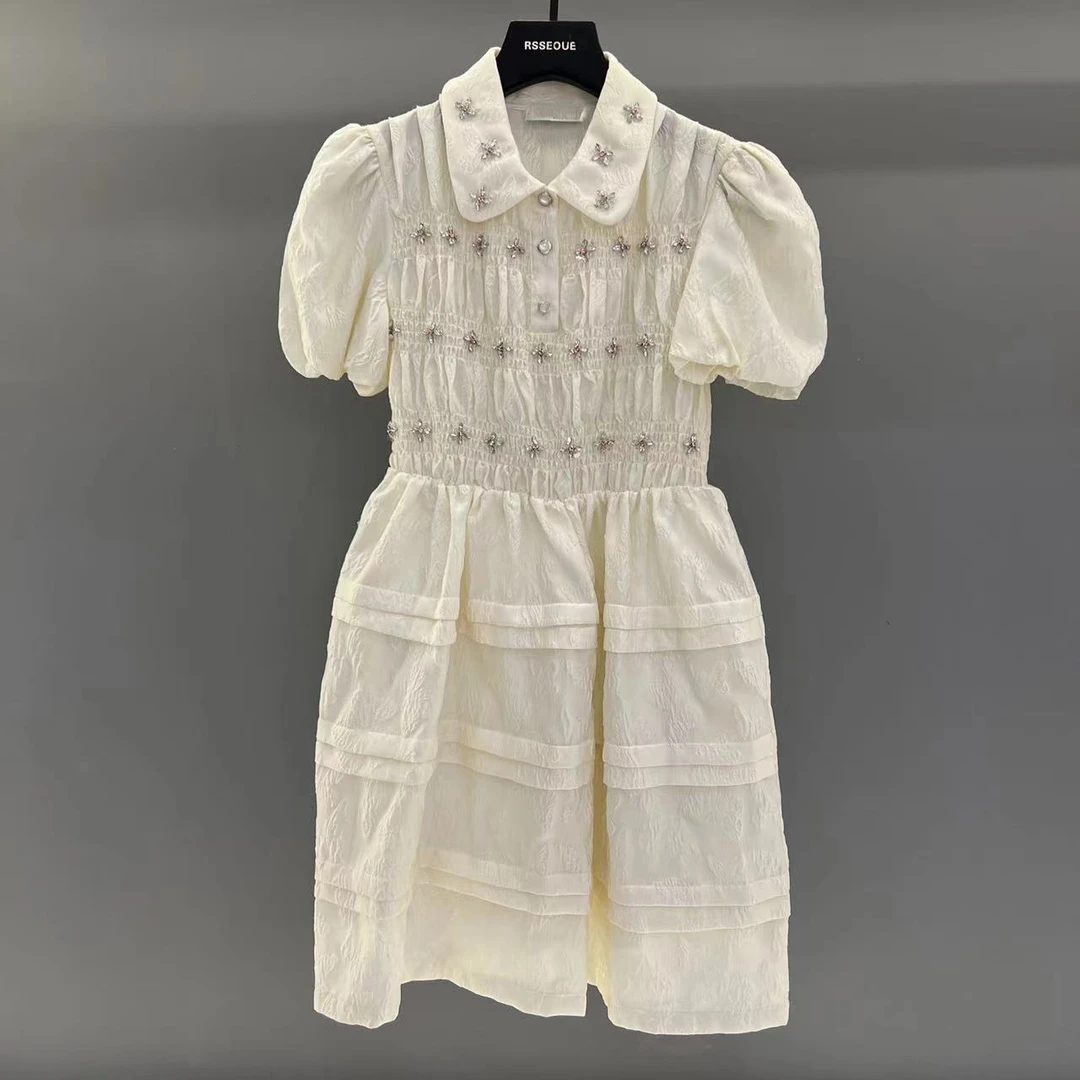 2025夏女装新款富家千金气质翻领钉珠小花朵收褶短袖连衣裙L9313