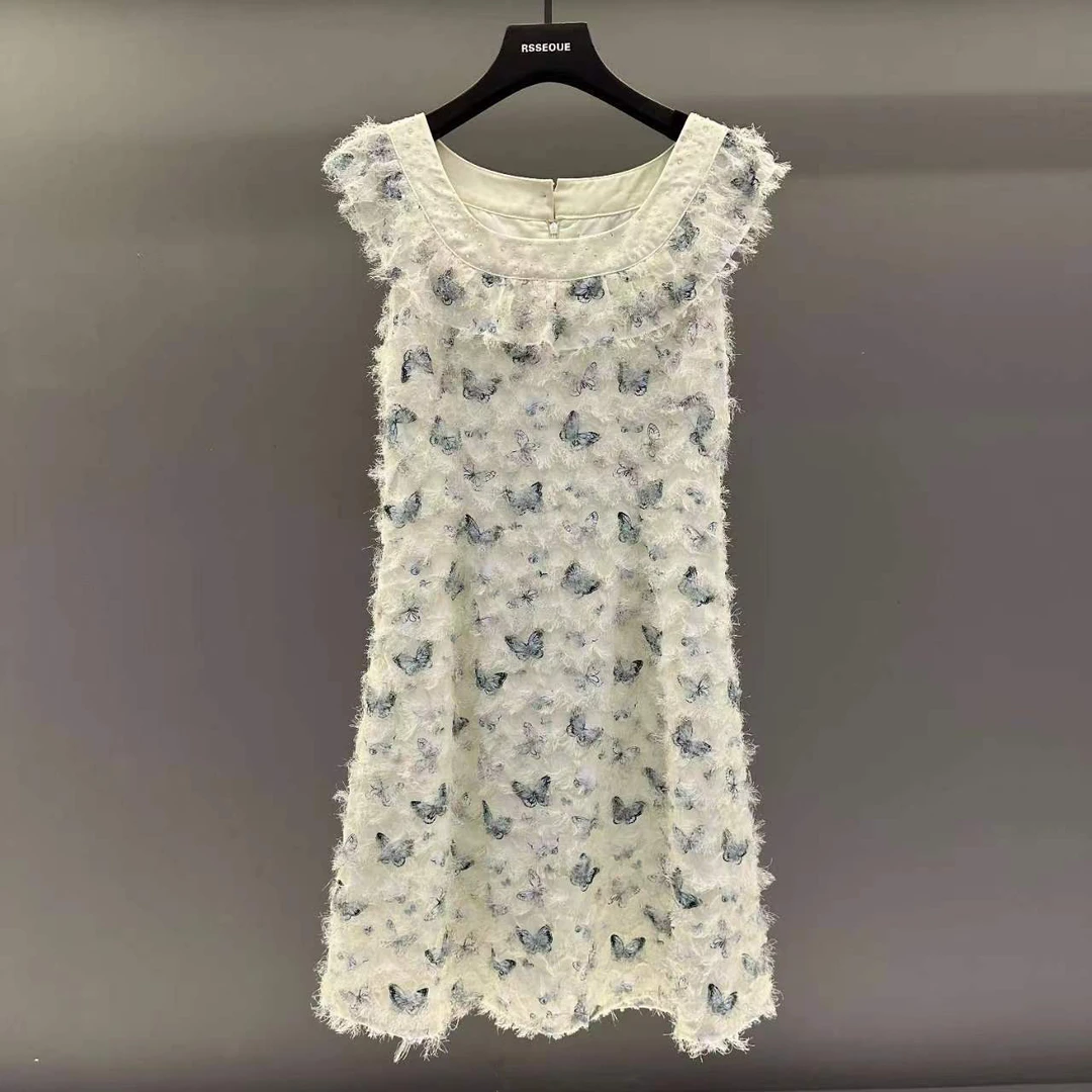 2025夏季高级感蝴蝶印花流苏挂脖女小众宽松无袖连衣裙L9386