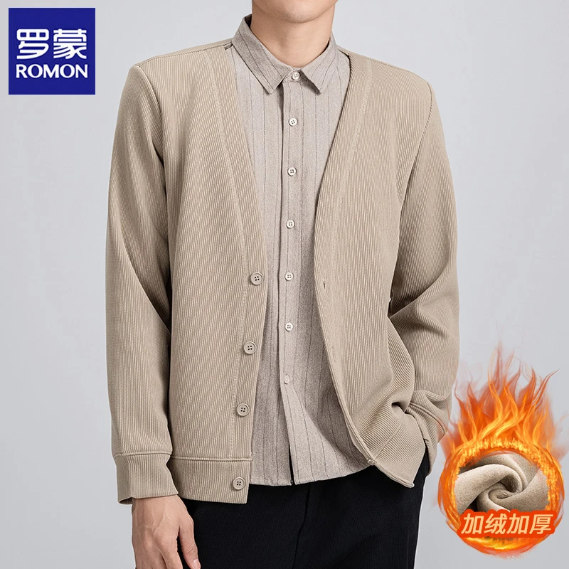 Romon/罗蒙男士轻奢假两件针织毛衣男加绒加厚冬季商务长袖休闲装