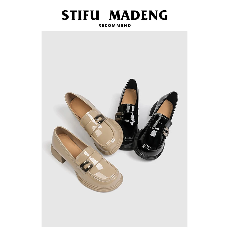 史蒂夫·马登真皮厚底乐福鞋女2025春夏百搭单鞋复古漆皮小皮鞋