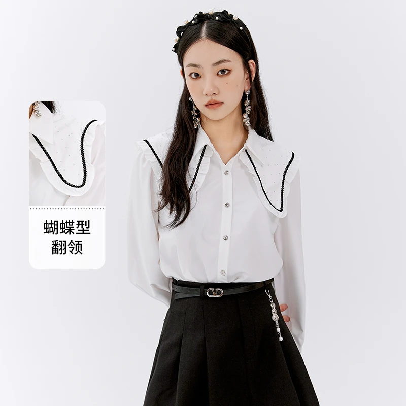 EF时尚设计感大翻领衬衫高级感白色衬衣长袖1020311008