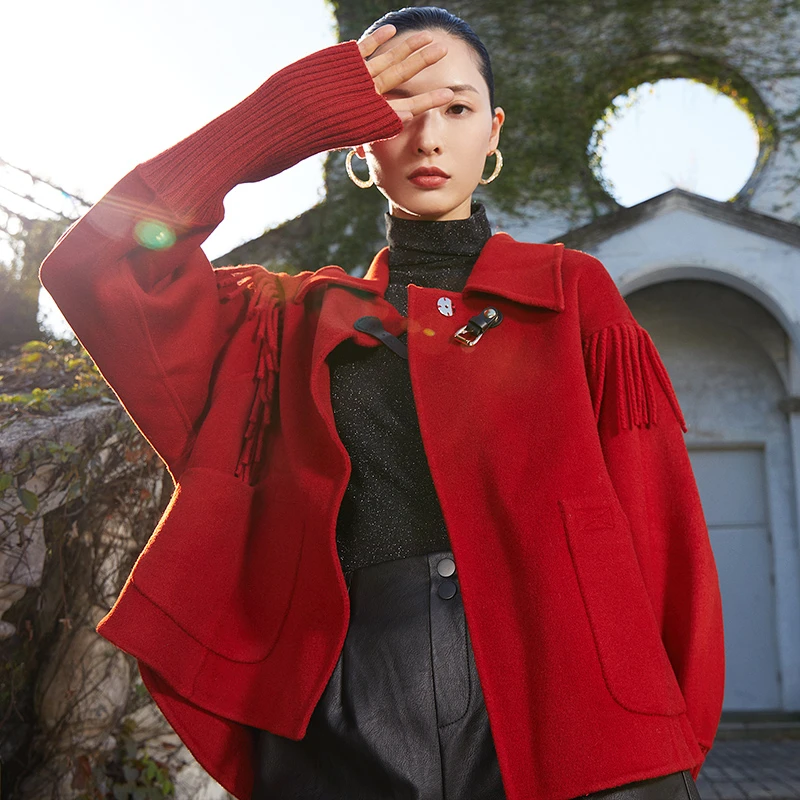 EF时尚宽松翻领气质短款韩版毛呢大衣流苏双面呢大衣1080543035