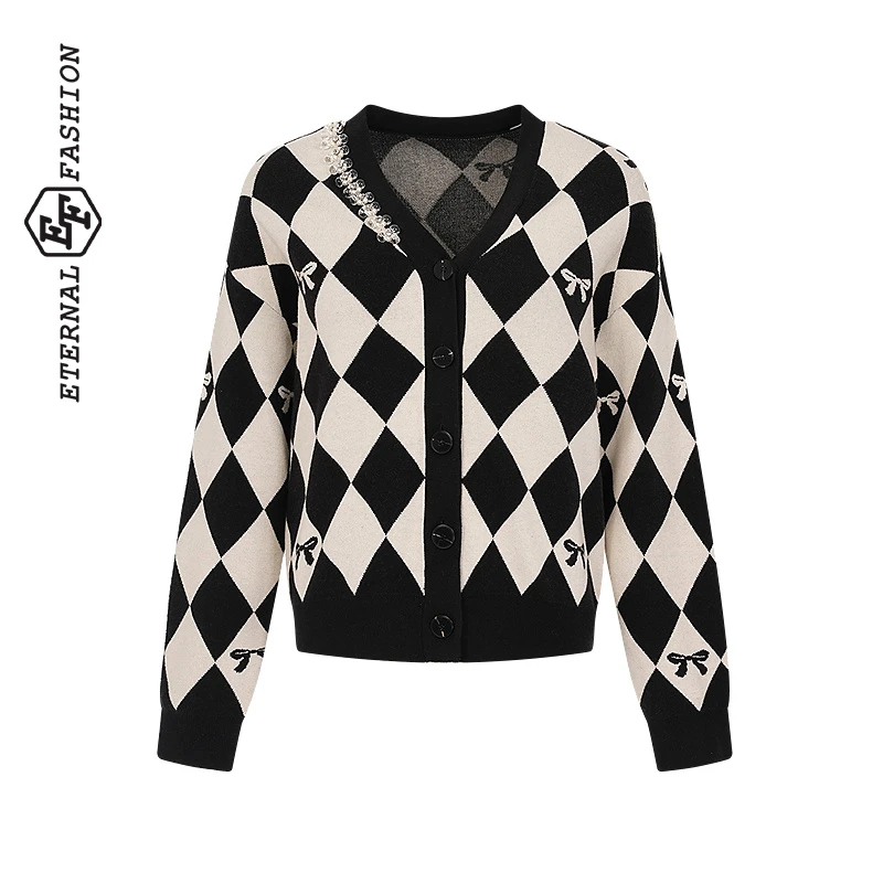 【昕昕严选】EF复古撞色格纹毛衣女冬季新款开衫1050843006