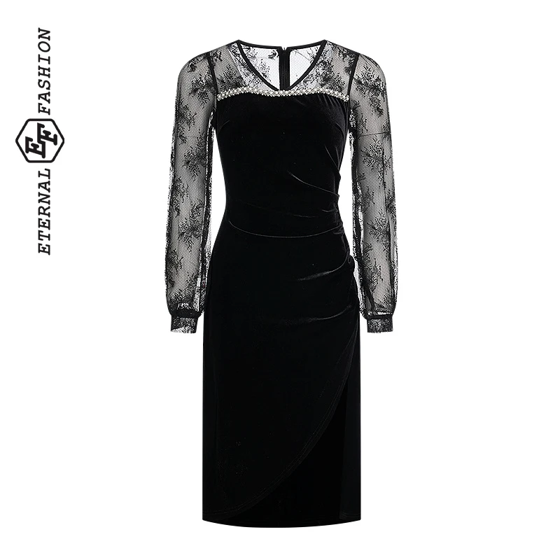 EF复古浪漫丝绒连衣裙蕾丝拼接秋新款黑色收腰裙子2130641001