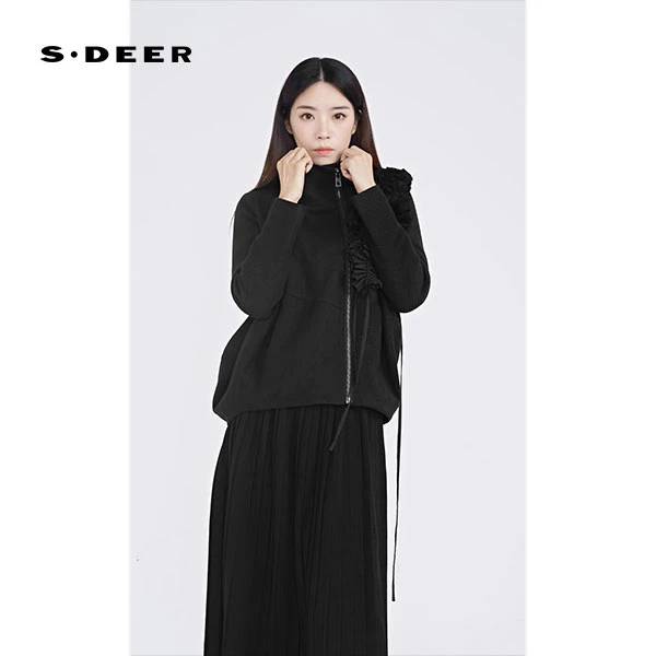 S·DEER圣迪奥女装黑色显瘦气质休闲套装时尚百搭秋冬季上衣女外套
