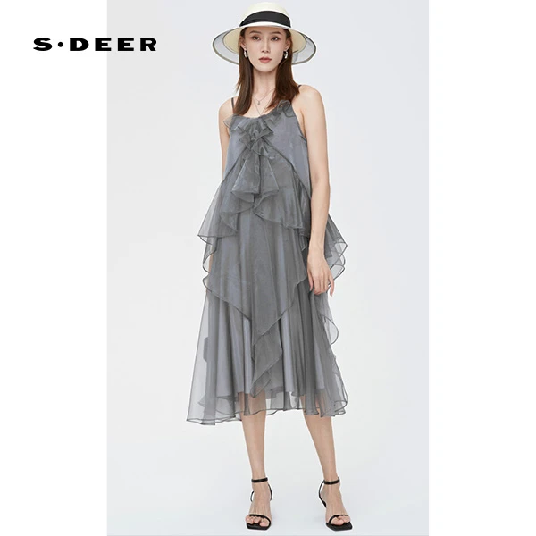 S·DEER时尚优雅气质网纱拼接女装连衣裙显瘦夏季法式时尚休闲裙子