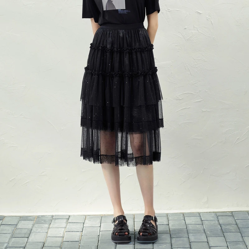 S·DEER新款夏季圣迪奥不规则半身裙高端轻奢黑色洋气休闲百搭长裙