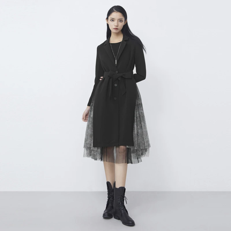 S·DEER圣迪奥女装西装领单排扣收腰网纱拼接黑色毛呢秋冬长款风衣