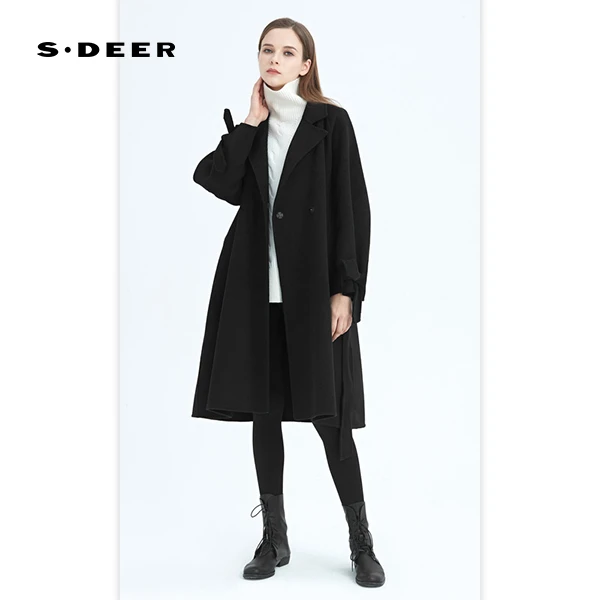 S·DEER休闲西装领收腰系带长款中长款秋冬黑色冬季双面时尚大衣