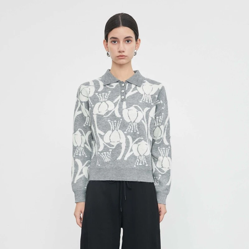 S·DEER圣迪奥女装简约休闲百搭印花时尚灰色毛衣秋季长袖针织衫