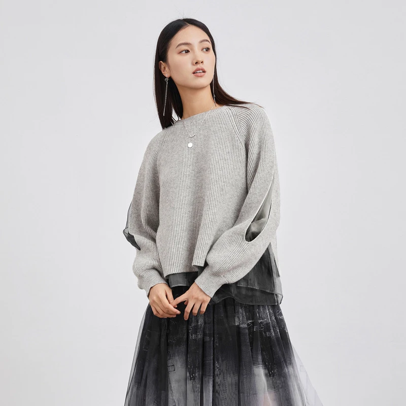 S·DEER圣迪奥秋季女装圆领甜美宽松时尚休闲百搭灰色长袖针织衫