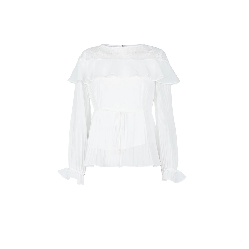 S·DEER圣迪奥女装轻奢法式时尚荷叶边白色气质百搭长袖衬衫上衣