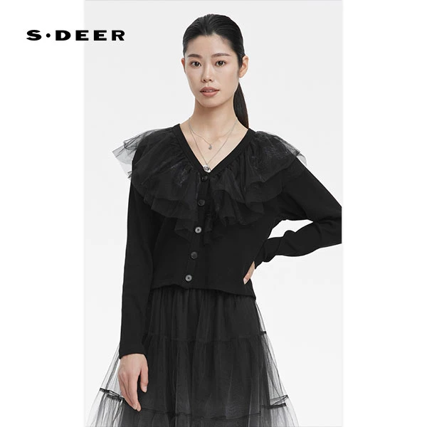 S·DEER春季显瘦印花网纱上衣荷叶边黑色时尚气质设计感拼接小众