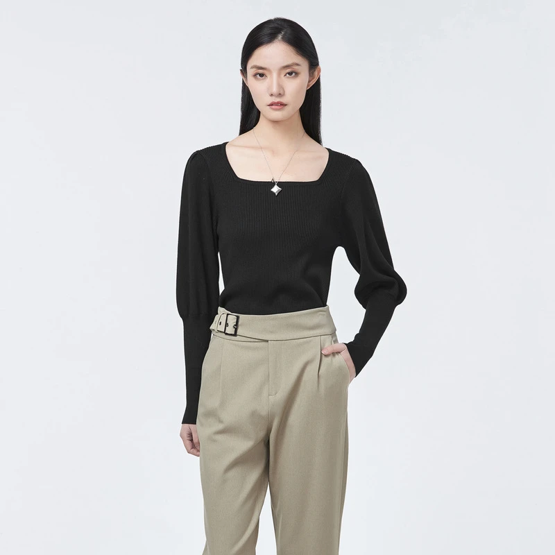 S·DEER春季休闲打底套头时尚修身百搭显瘦气质复古方领灰色针织衫