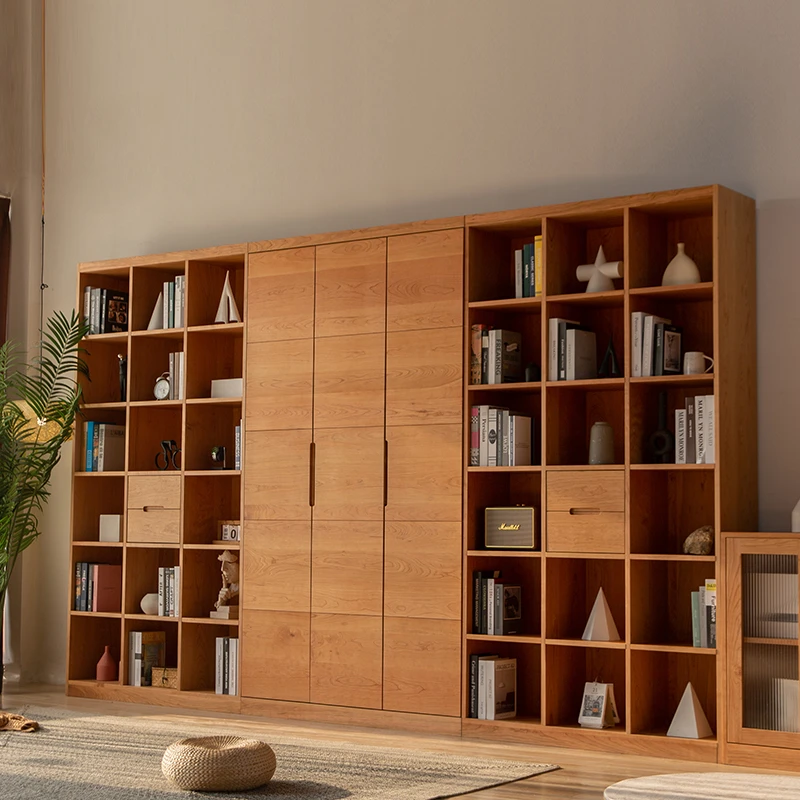 樱桃木实木书柜书架组合柜背景客厅满墙落地储物展示柜定制家具