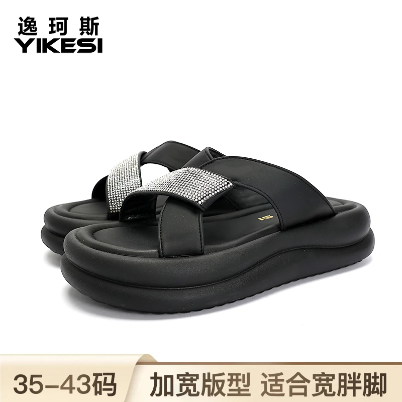 厚底水钻拖鞋女2024夏季新款镂空透气胖脚宽脚外穿一字凉拖鞋