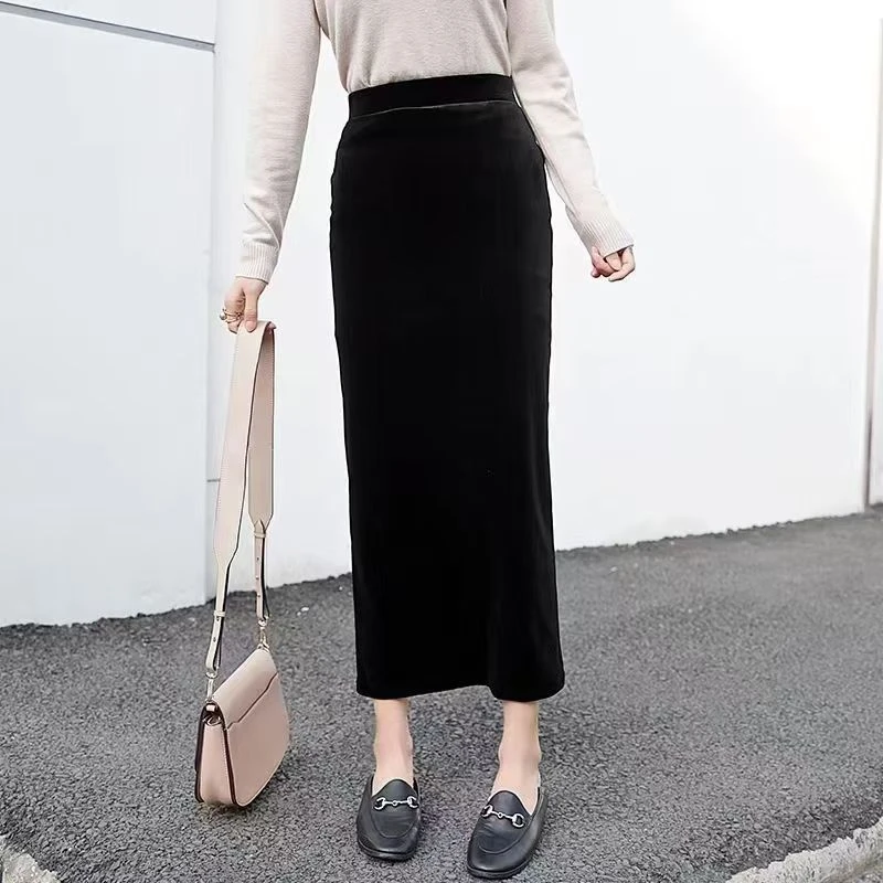 【工厂直发】秋冬金丝绒加绒加厚新款女装百搭修身显瘦中长款半身裙