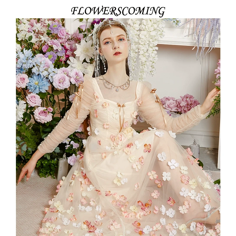 花儿开了2024秋季新款超仙公主风连衣裙女方领网纱花朵钉珠长裙子