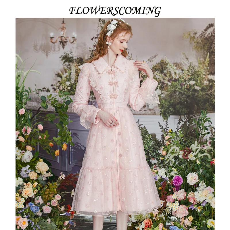 花儿开新款粉色甜美公主过膝长袖外套修身FLDYR230显瘦