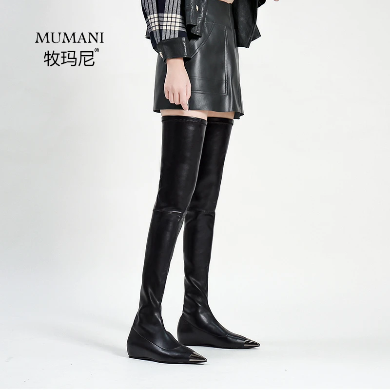 10256女高筒皮靴超长瘦瘦靴金属尖头平底瘦腿长筒靴C19X10256