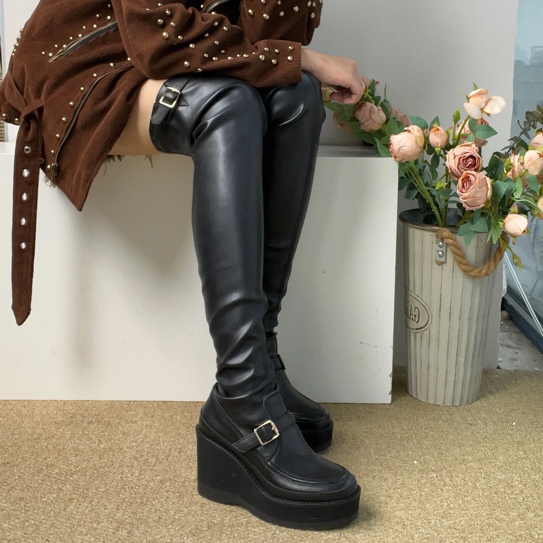 长靴长筒女过膝靴真皮厚底显瘦弹力靴高跟欧美瘦瘦靴皮靴N19