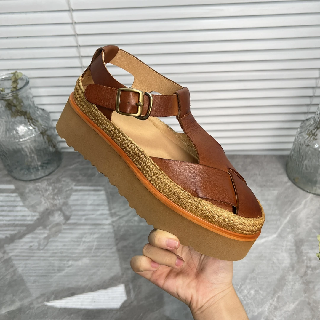【卖完不补】新款凉鞋时尚百搭夏季真皮厚底草编复古时装凉鞋MT254