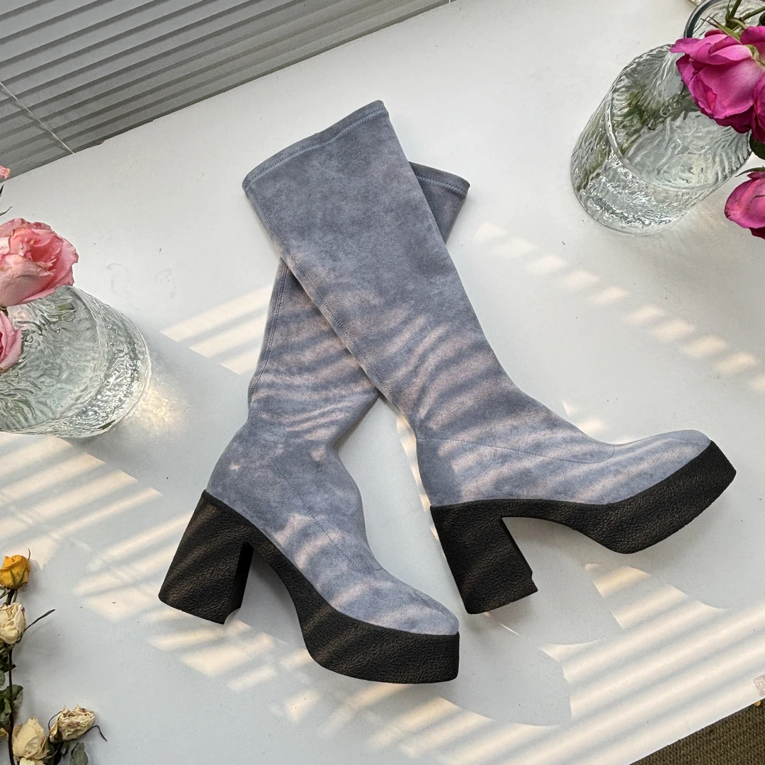 【仅剩36码卖完下架】靴子蓝色绒面皮欧美风蓝色中跟粗跟长靴