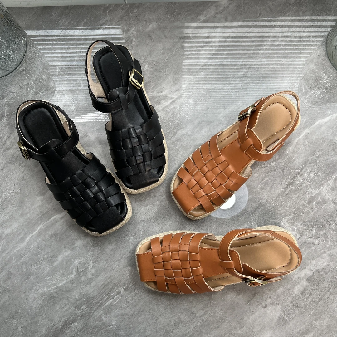 【卖完下架】新款夏季复古凉鞋镂空草编平底厚底罗马凉鞋MT831