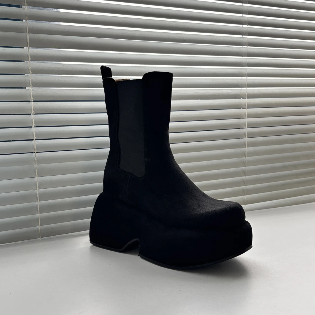 新款绒面厚底高跟短筒圆头黑色切尔西靴MT307