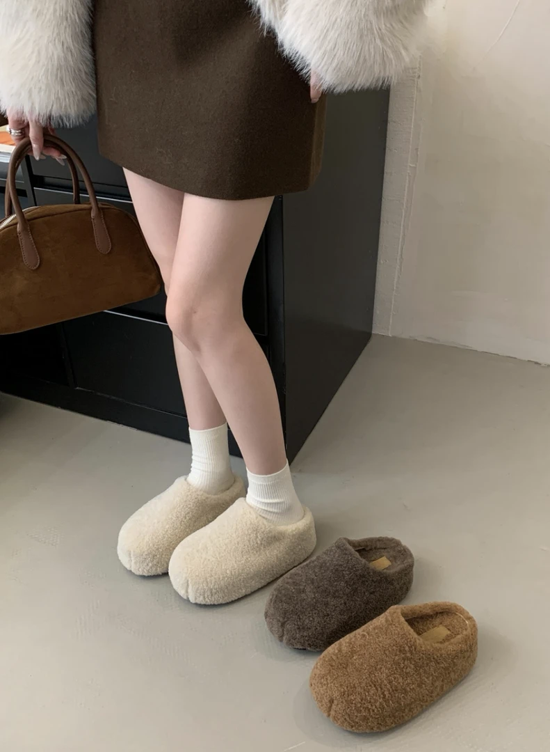 媛媛 网红百搭时尚显瘦秋冬季居家防滑加绒保暖厚底半拖靴#X0262