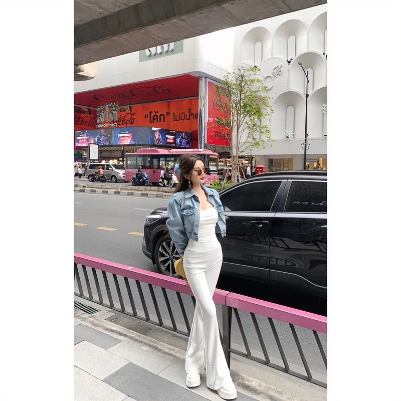 媛媛新【曲线女孩】腿精神裤显瘦高腰直筒时尚开叉微喇小众#K0603