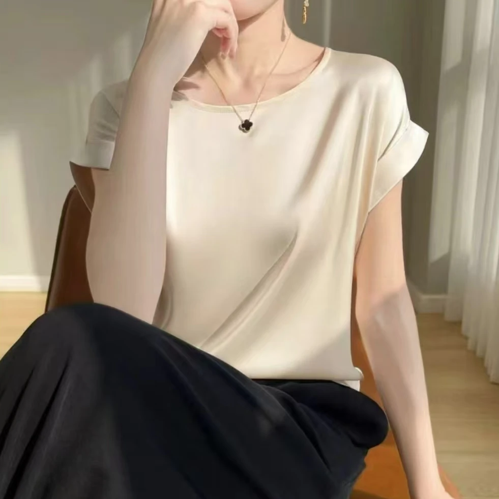 夏季新款时尚百搭气质纯色圆领设计显瘦优雅短袖上衣T恤