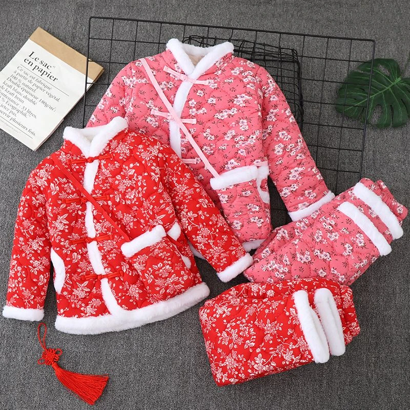 网红女童东北大花棉袄冬季女宝宝加绒加棉套装中国风加厚拜年服D