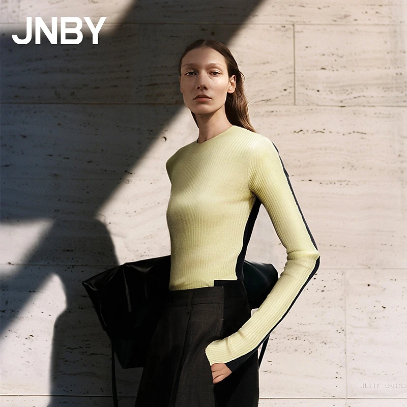 JNBY/江南布衣秋冬美丽诺羊毛针织衫女拼接长袖套头毛衫5O0312880