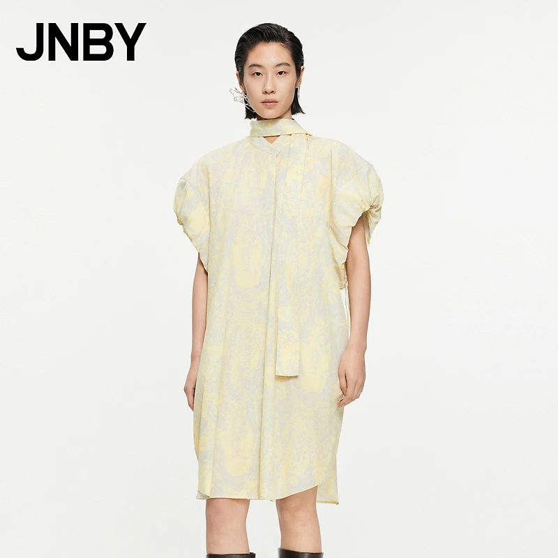 JNBY/江南布衣春秋季女装连衣裙棉质宽松圆领菱形纹碎花图案裙子