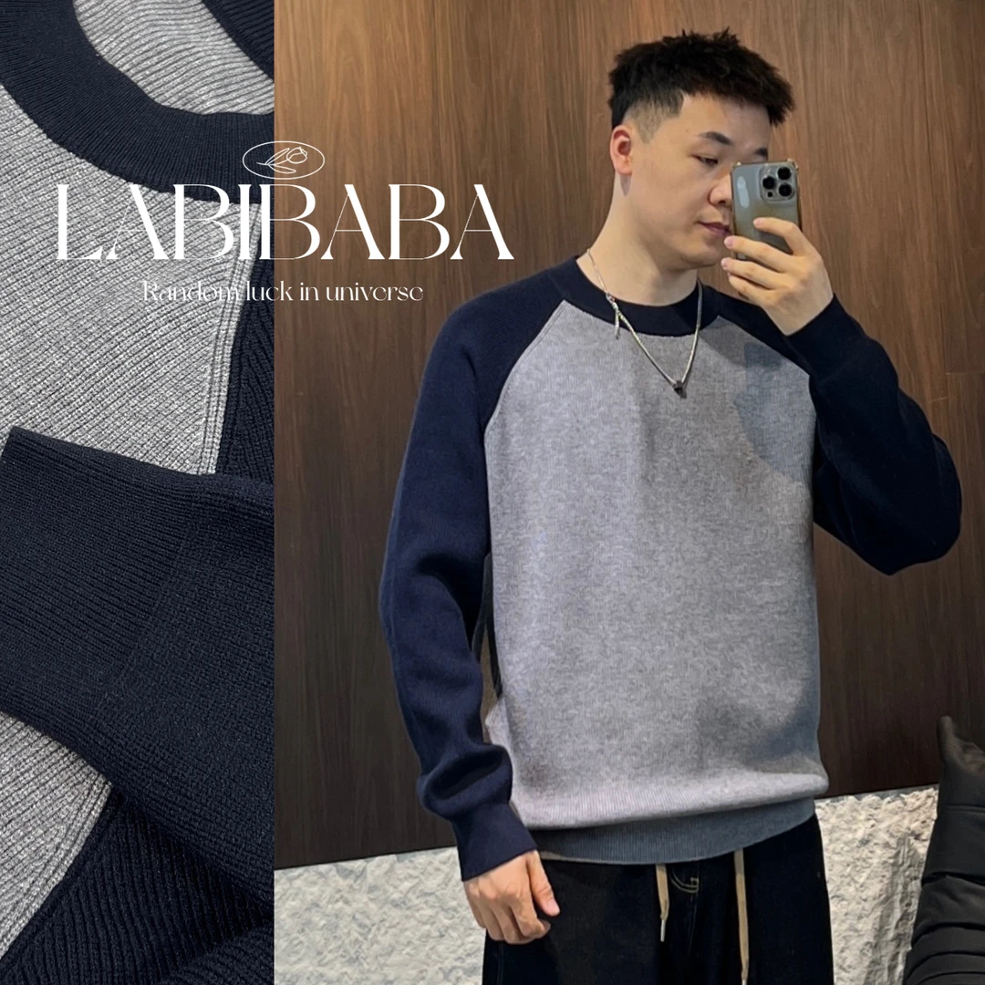 GL27113秋冬加厚毛衣拼接精致韩风熊猫色休闲宽松百搭圆领毛衣