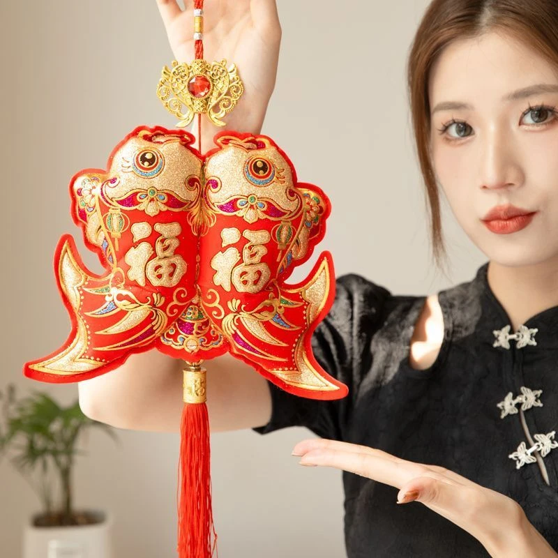 双鱼双福双面烫金挂件流苏春节喜庆乔迁入户门玄关年年有鱼挂饰