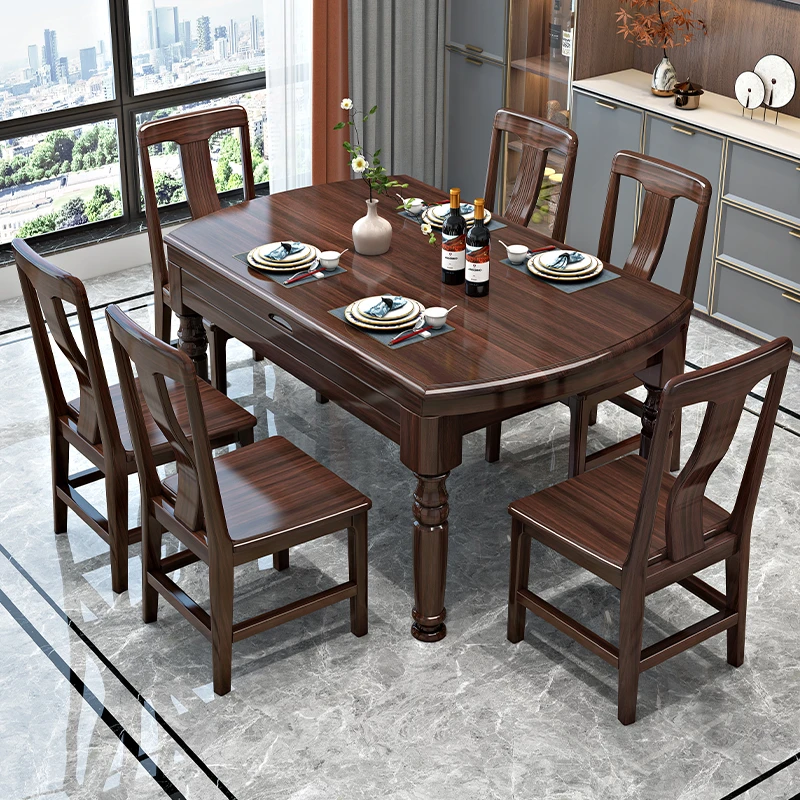 新中式实木餐桌椅组合旋转圆桌吃饭桌子可折叠圆形餐桌小户型家用