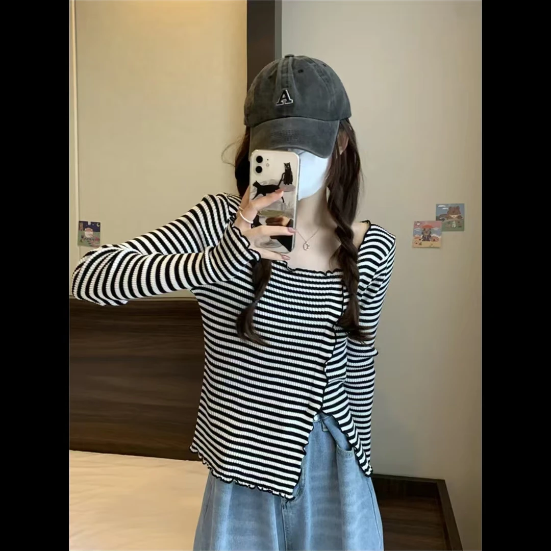 2024内衬打底春秋不规则打底衫修身条纹设计感T恤