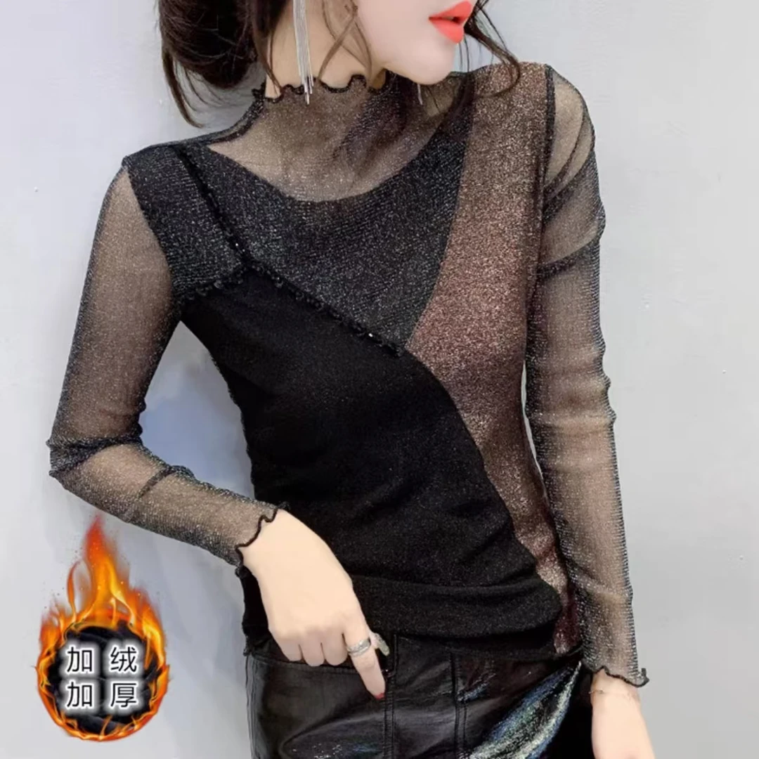 2024重工欧货打底衫玫瑰金加绒百搭修身半高领秋冬拼接洋气上衣