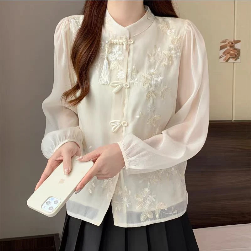 2024秋重工刺绣盘扣雪纺衬衫长袖新中式轻国风小衫上衣潮