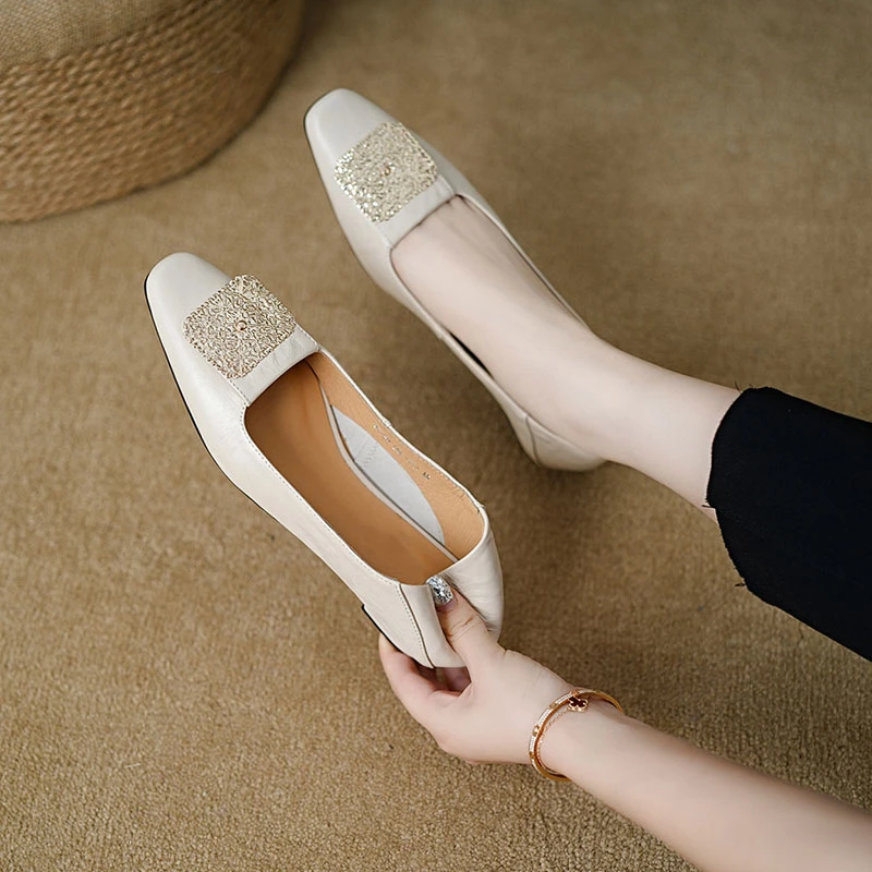 【REDYU】跟2CM，2024百搭浅口尖头单鞋女气质粗跟舒适小香风皮鞋新