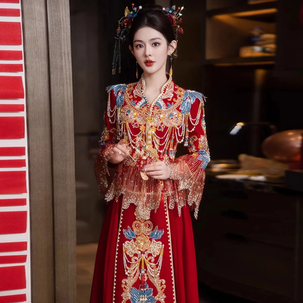 重工丝绒秀禾服大码胖MM显瘦高级奢华出阁中式婚纱结婚嫁衣女显瘦