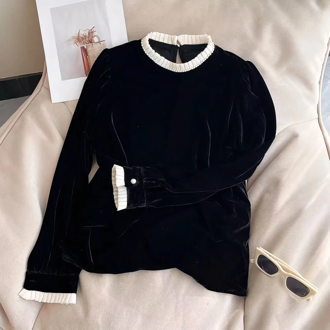 Siyu Studio 【千金小姐】冬季设计感气质木耳边拼接丝绒衬衫