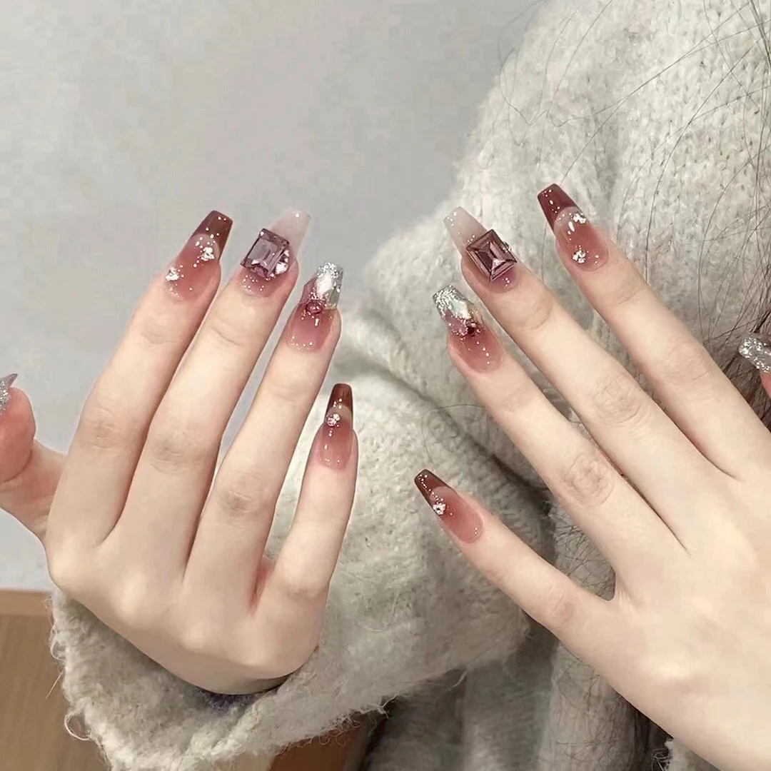 穿戴甲手工假指甲贴片腮红法式极光钻方钻可拆卸美甲片批发