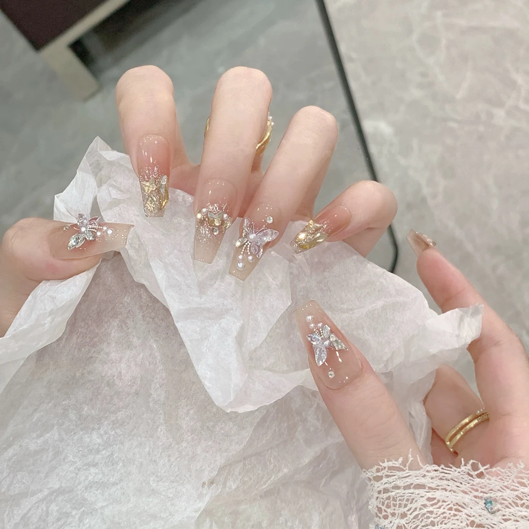 羽翼幽蝶纯手工穿戴甲亮晶晶法式显白夏季高级感十指甲片可拆批发