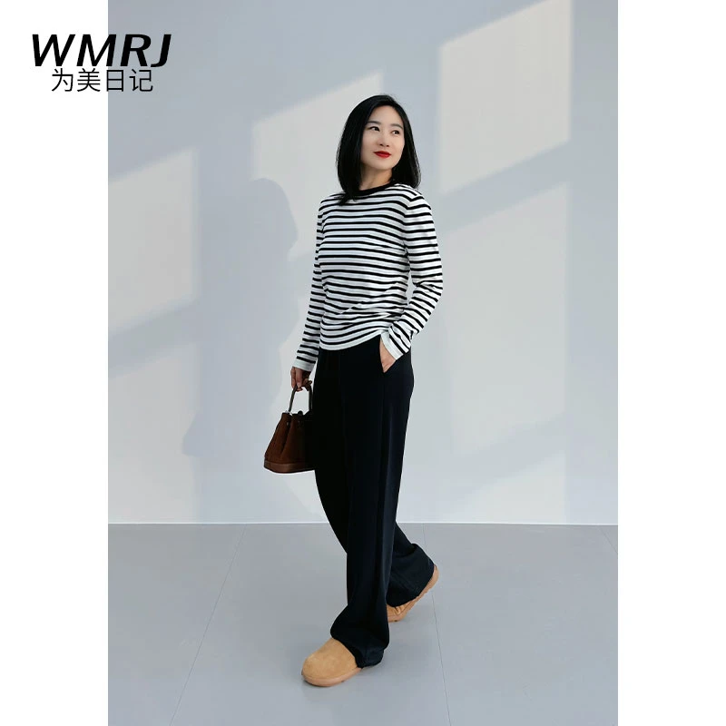 WMRJ春季新款休闲撞色圆领条纹长袖T恤基础百搭打底衫