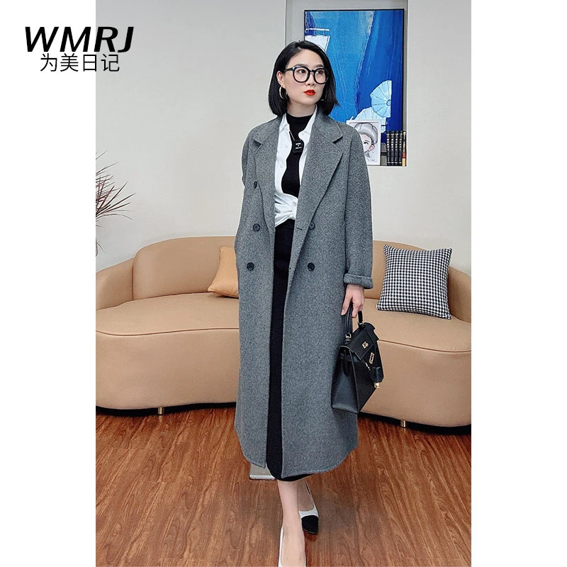 WMRJ【经典简约灰色大衣】高端长款灰色大衣简约气质款骆驼绒双面呢