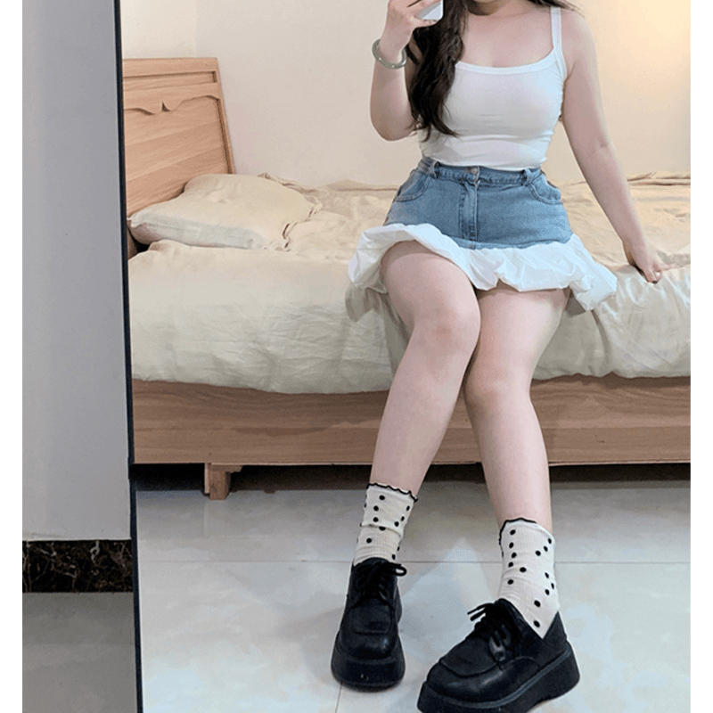 胖mm复古甜辣风爱心显瘦半身裙牛仔短裙女大码女装显瘦a字裙子